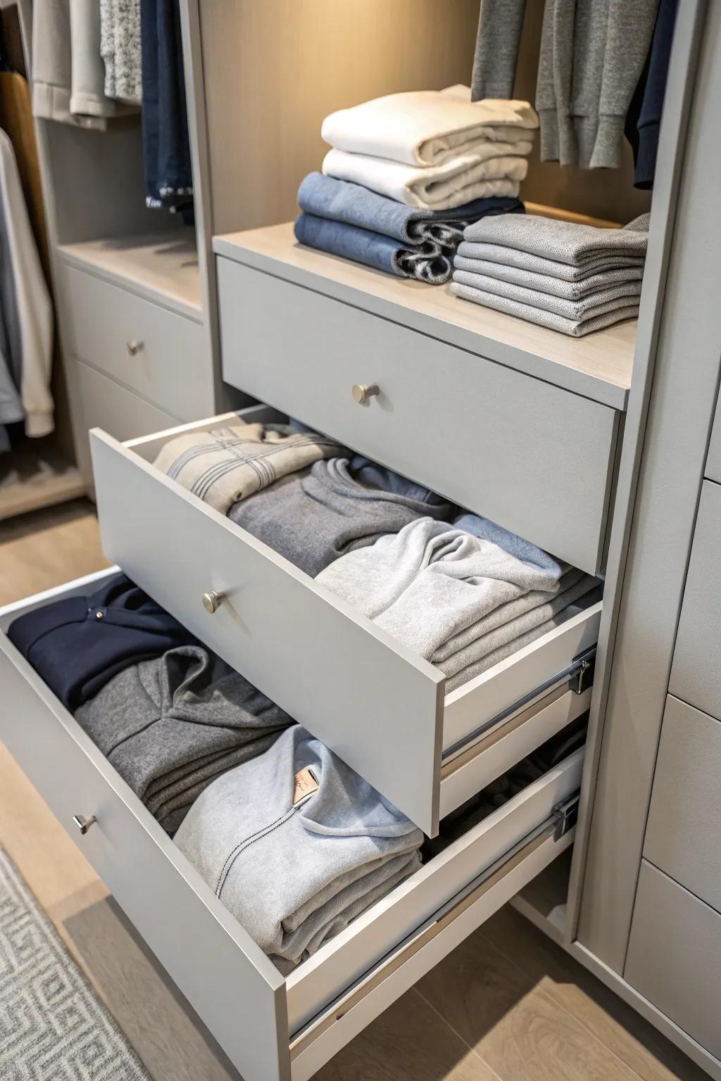 Drawers in closets offer hidden storage for easy access.