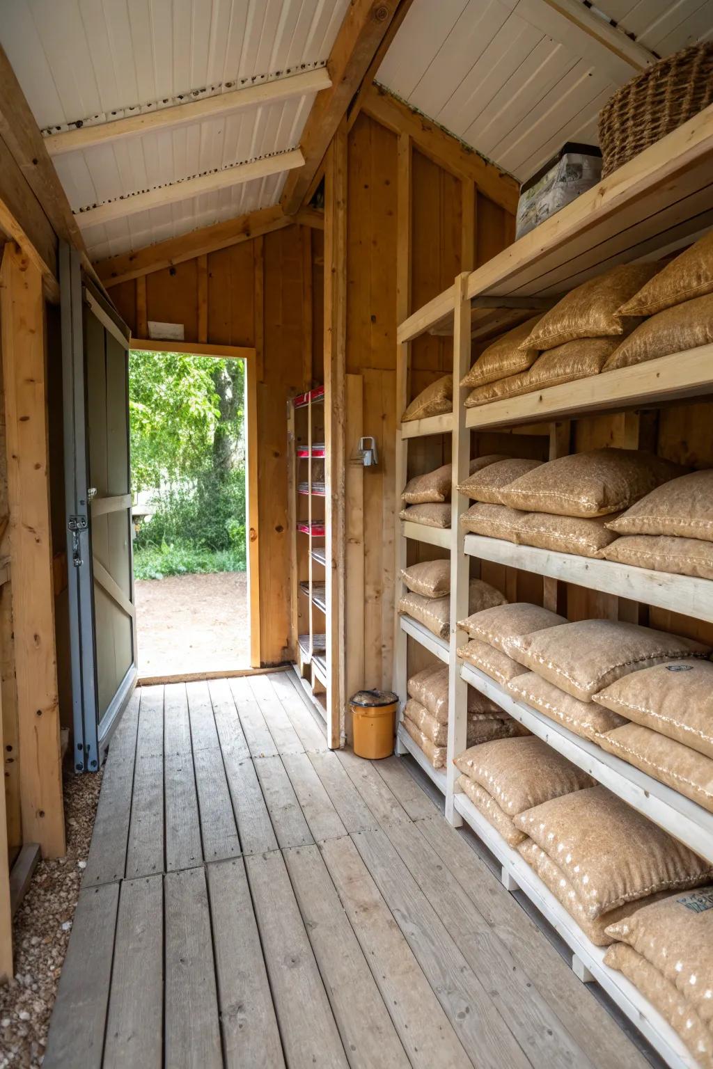 Shelving in sheds ensures pellets are arranged and shielded from ground moisture.