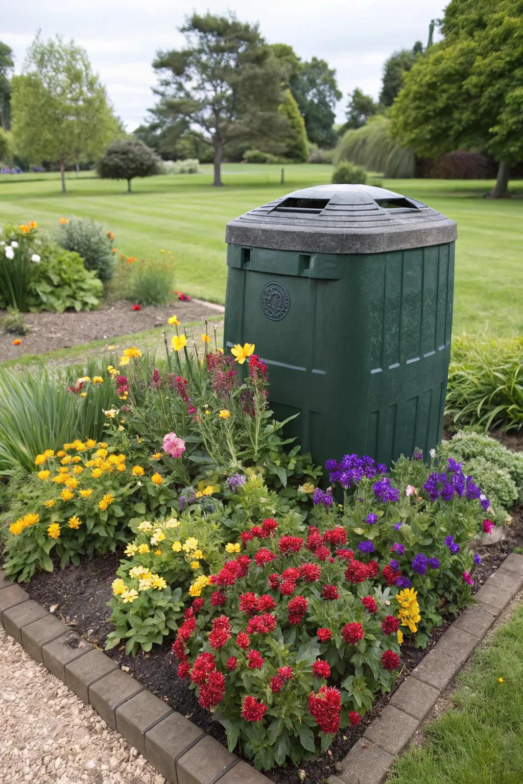 This cleverly hidden compost bin is beautifully incorporated into a brightly colored planting bed.