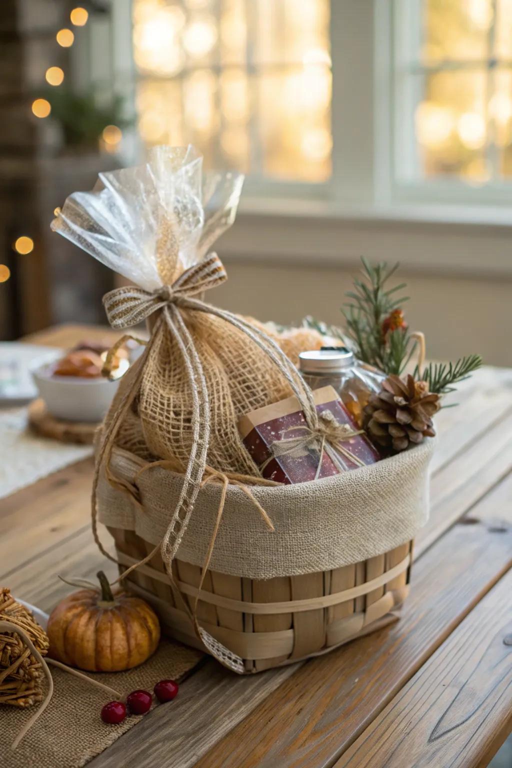 Rough woven fabric wrapping gives any basket a down-to-earth charm.