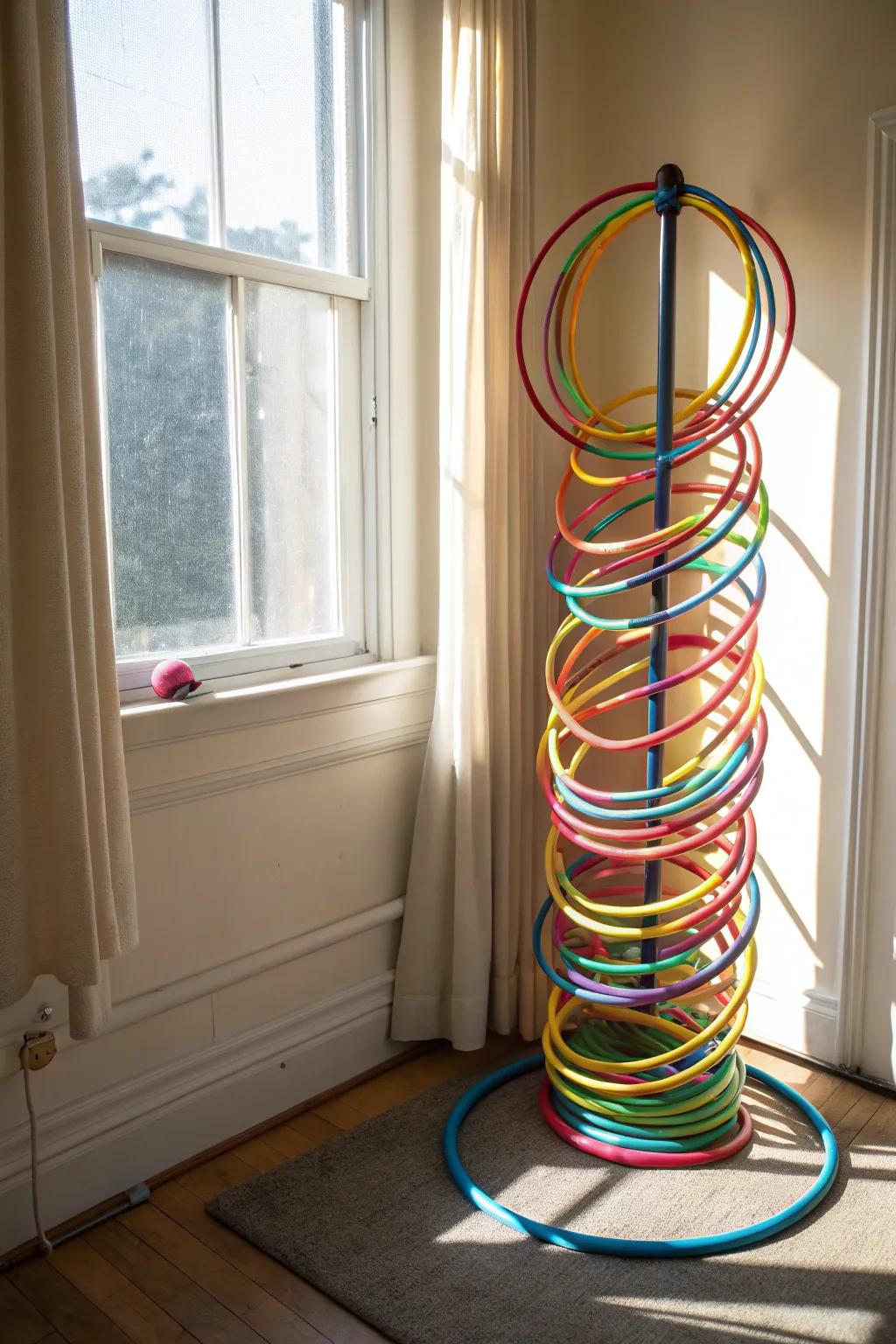 Hula hoops aligned on an upright rod, delivering a structured and visually pleasing corner arrangement.