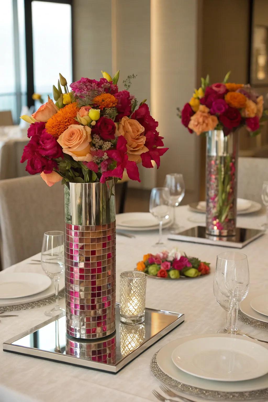Mirrored bases under hurricane vases add an elegant touch by reflecting light.