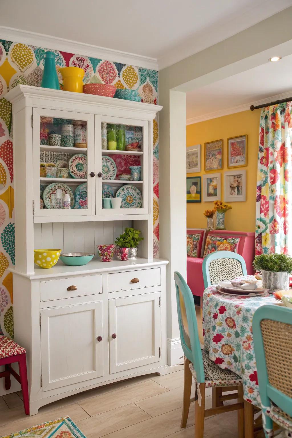 Decorative lining introduces a playful note to this hutch.