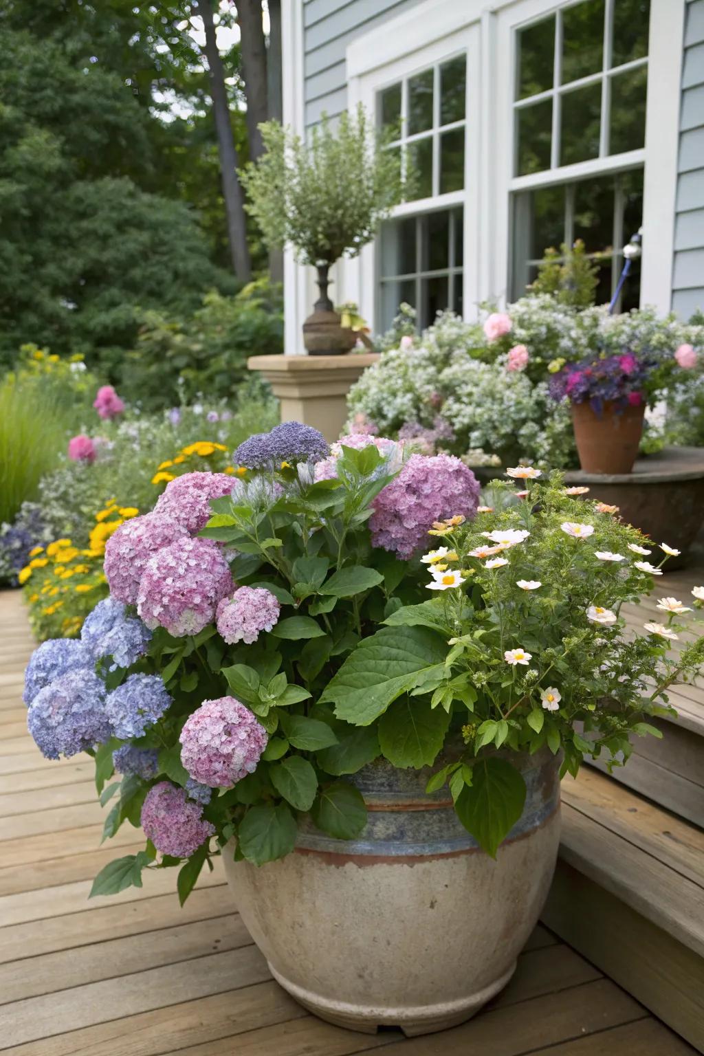 A ceramic pot overflowing with hydrangeas and untamed blooms for a botanical atmosphere.