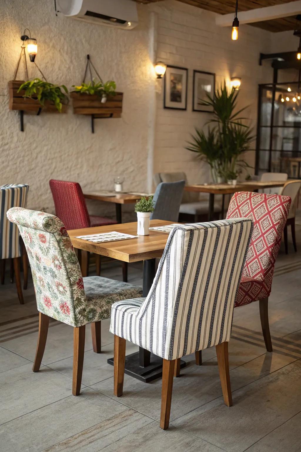 Relaxed charm with striped seating covers.
