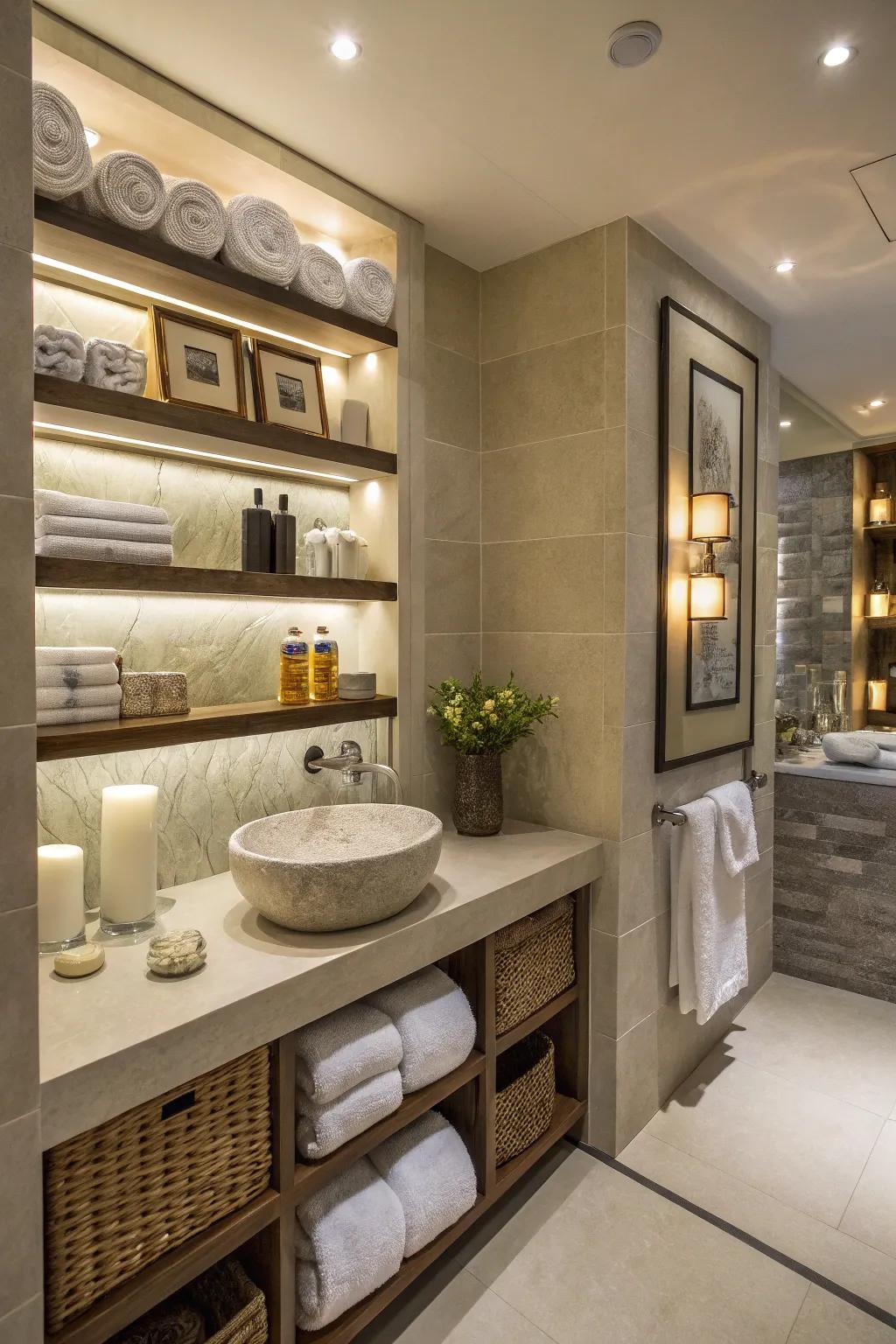 Cultivate a spa-like bathroom with perfectly organized in-wall shelves.