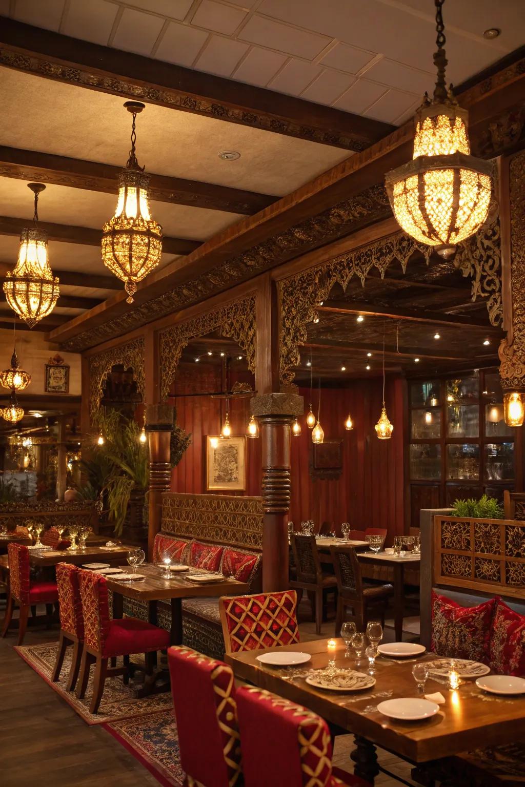 Warm lighting from chandeliers and pendant lights creates a cozy atmosphere in this Indian restaurant.