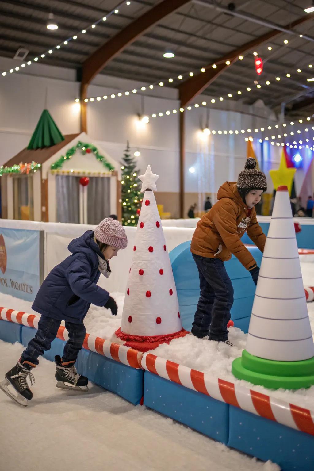Children maneuvering through a delightful and demanding winter-inspired challenge arena.