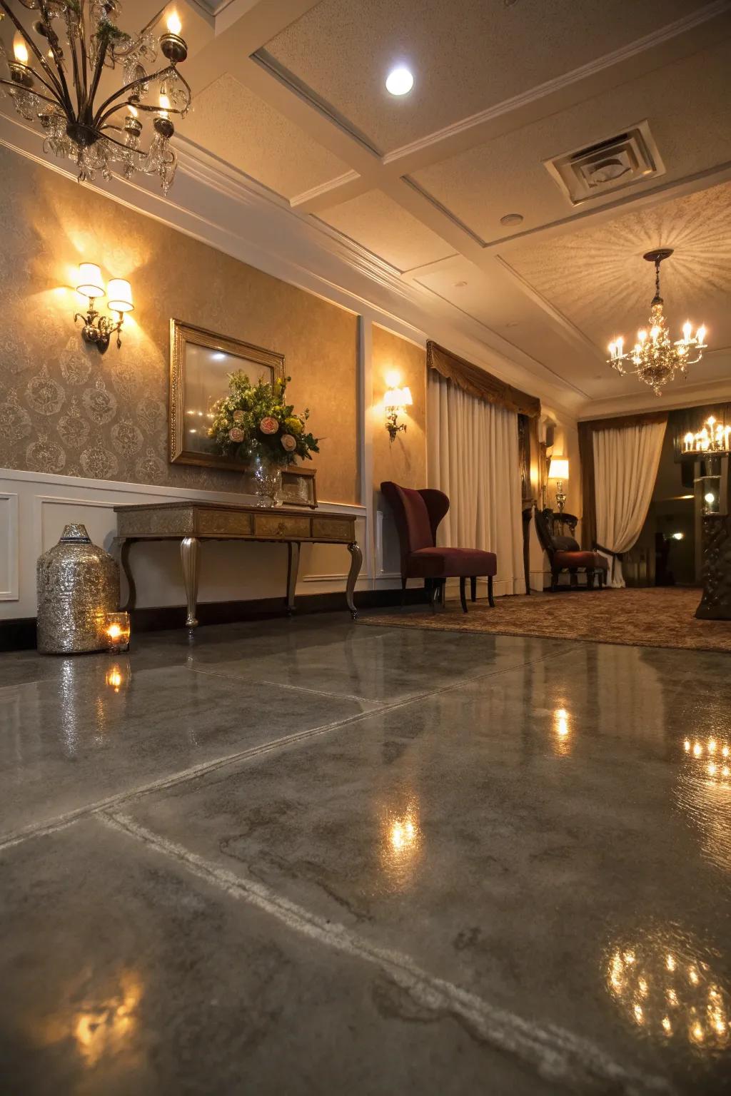 Metallic epoxy floors add a touch of glamour.