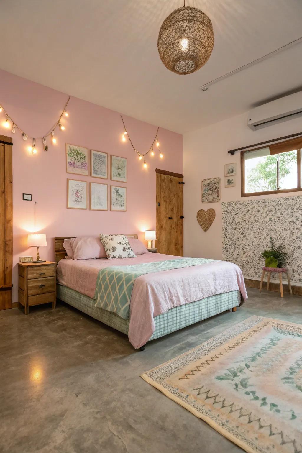 Gentle pastel hues on a concrete floor foster a tranquil ambiance in this cozy bedroom.