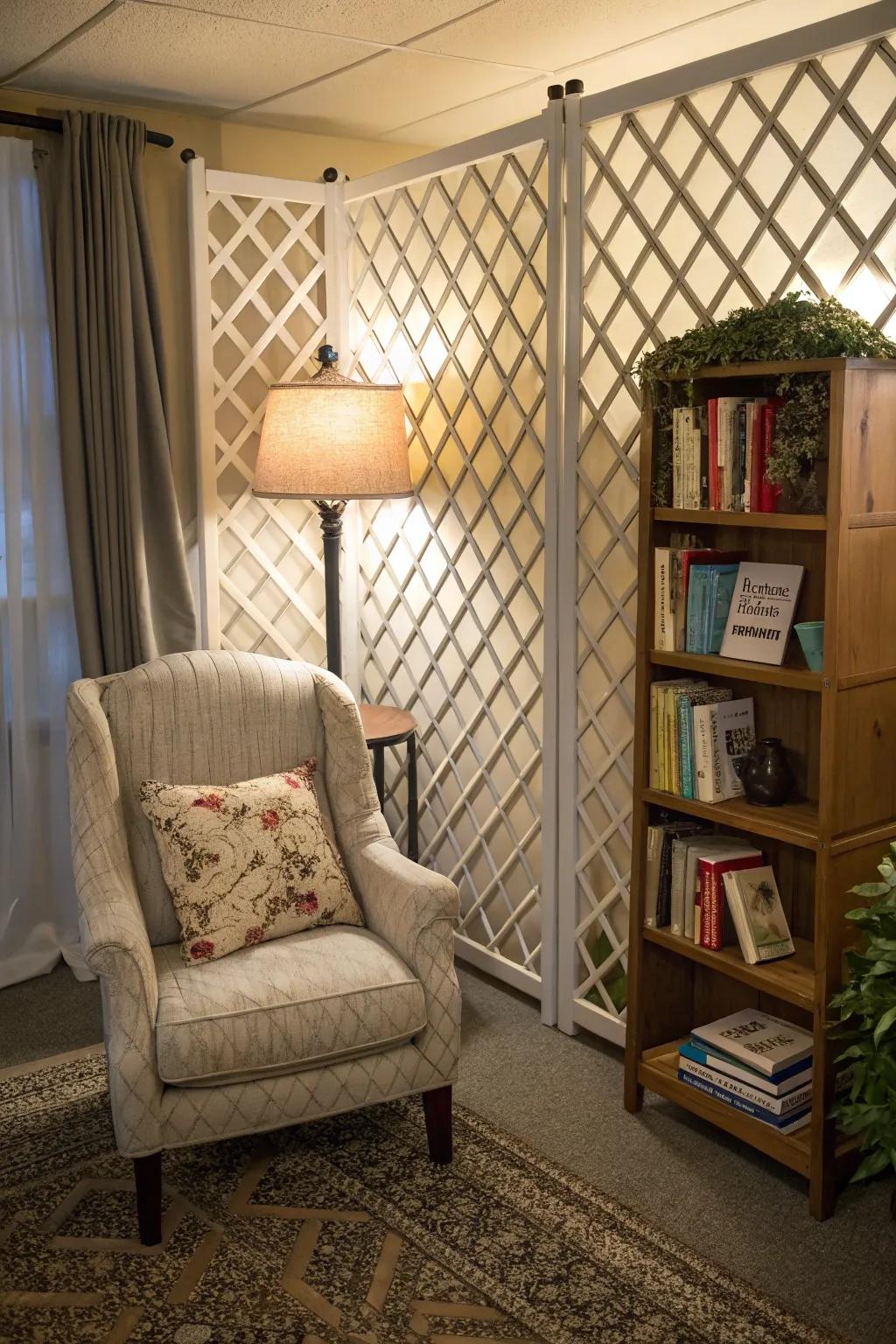 Lattice wall fashioning a warm and inviting reading nook.