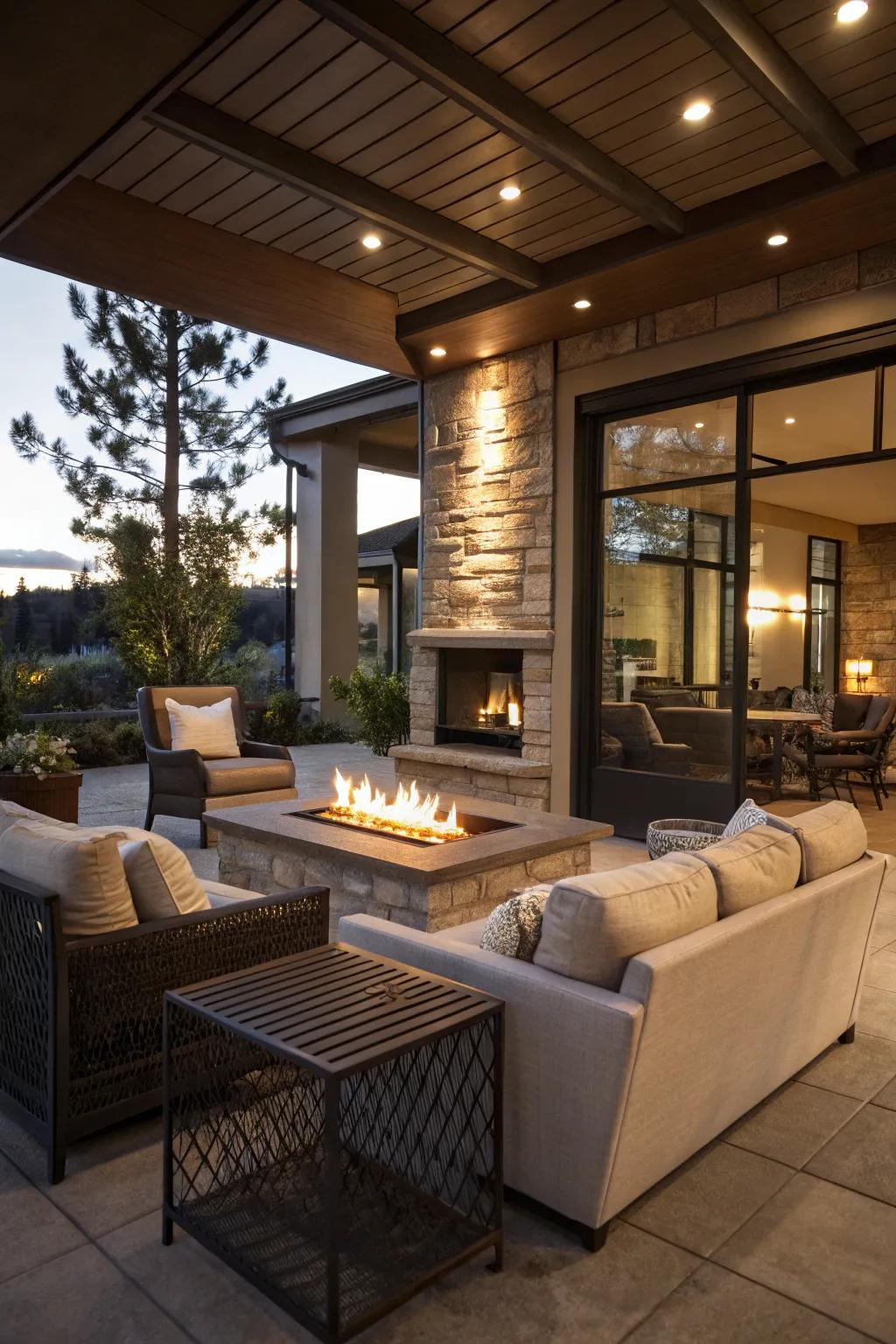 A fire pit infuses your indoor patio with warmth and atmosphere.