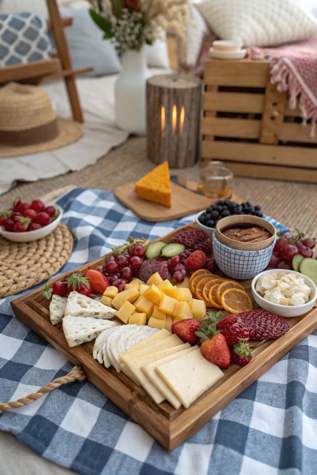 A gorgeous charcuterie board as the center of an indoor picnic.