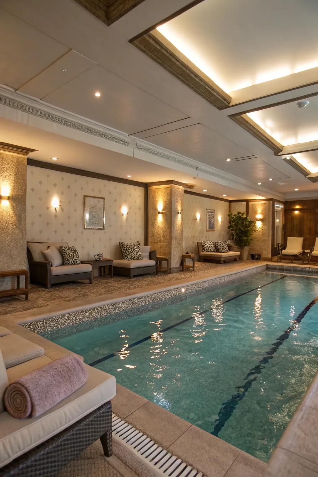 An appealing relaxing spot adjoining an inside pool