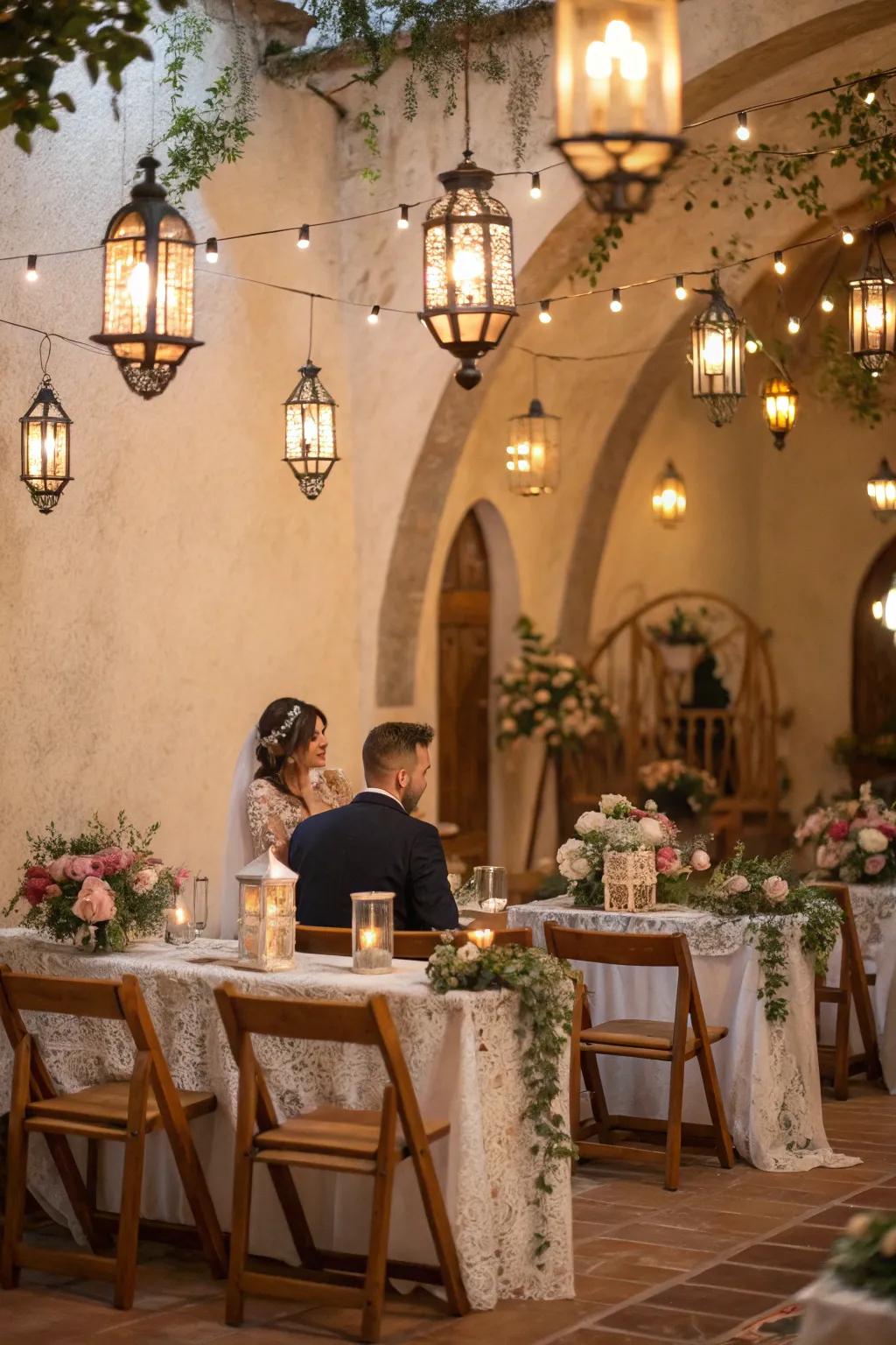 Nostalgic illumination holders and bulbs adding country appeal to the wedding.