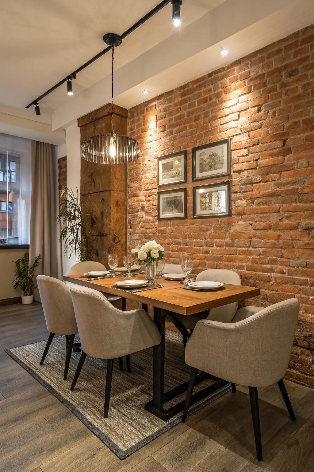 An inviting dining space featuring a brick wall backdrop, introducing elegance and warmth to meal occasions.