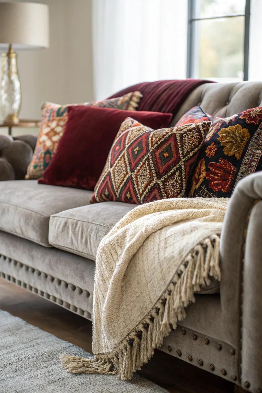 A combination of fabrics enhances the texture and coziness of this sofa.