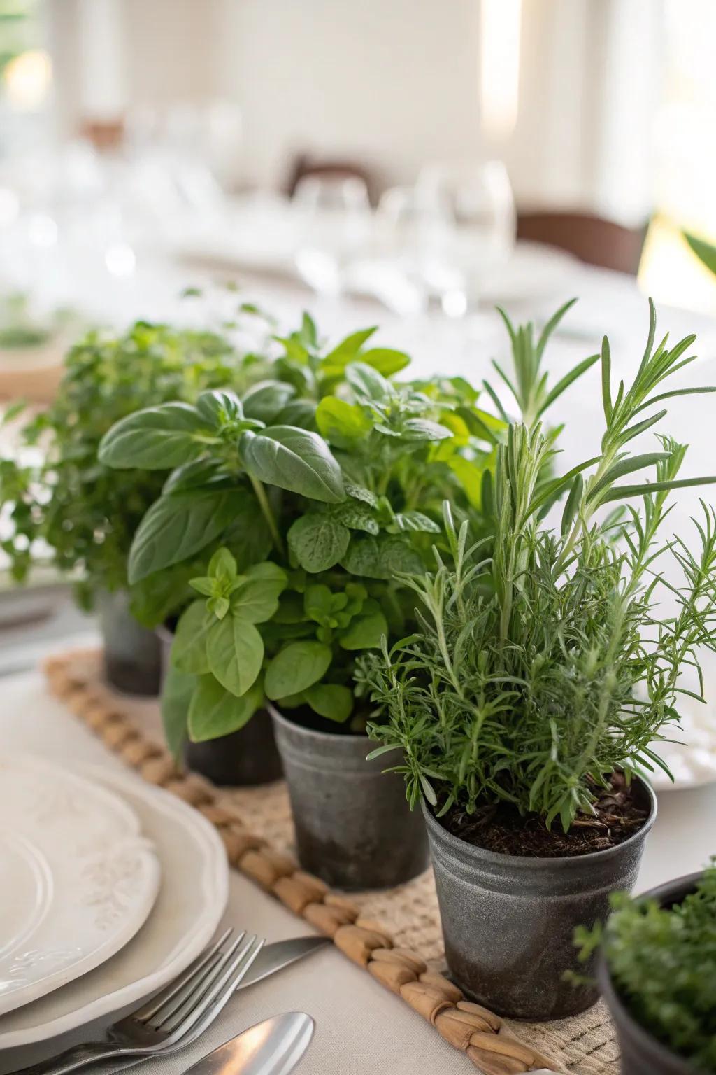Herb focus pieces introduce natural beauty and aroma to your table.
