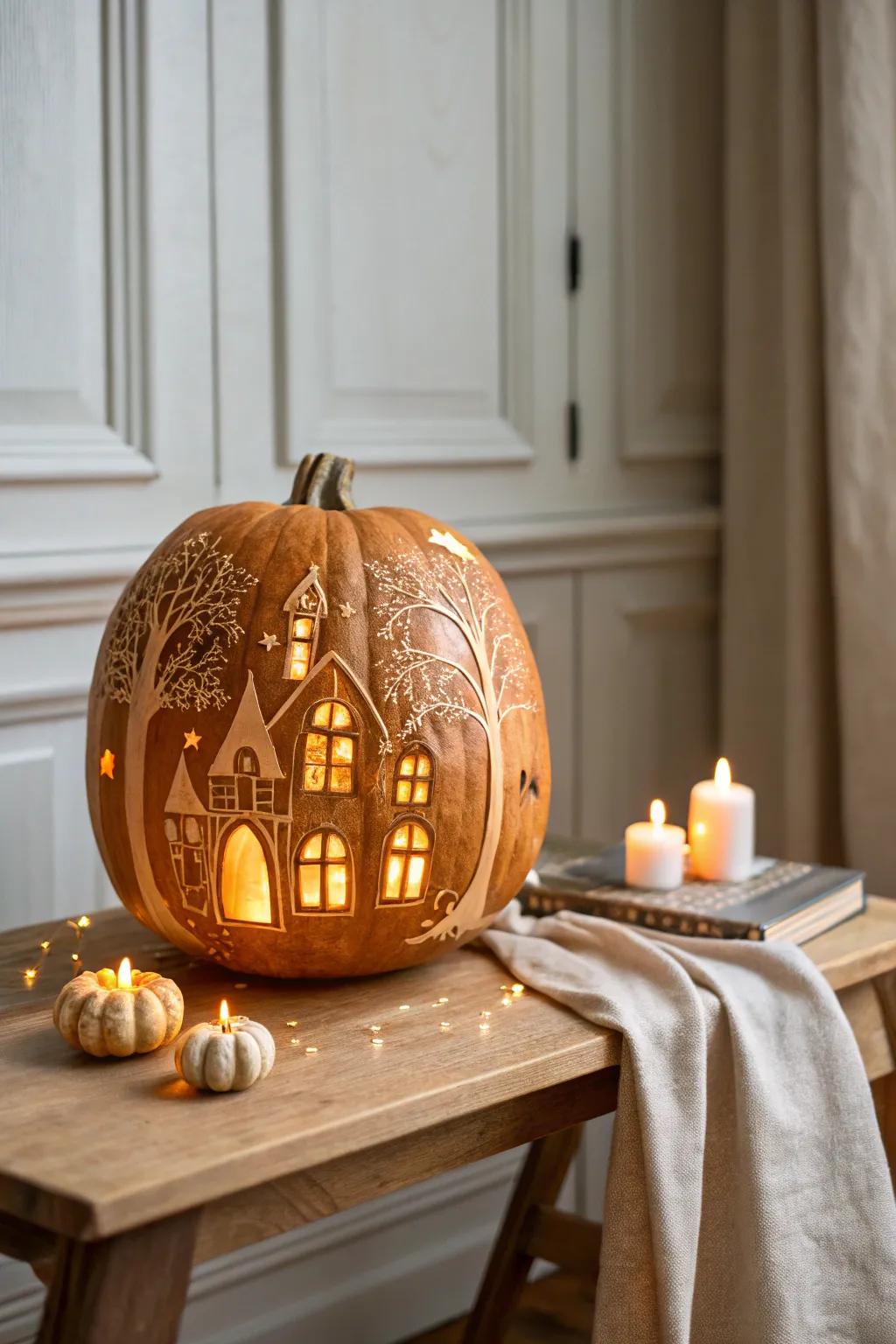 Infuse a touch of spooky elegance into your decorations with this charming phantom abode pumpkin.