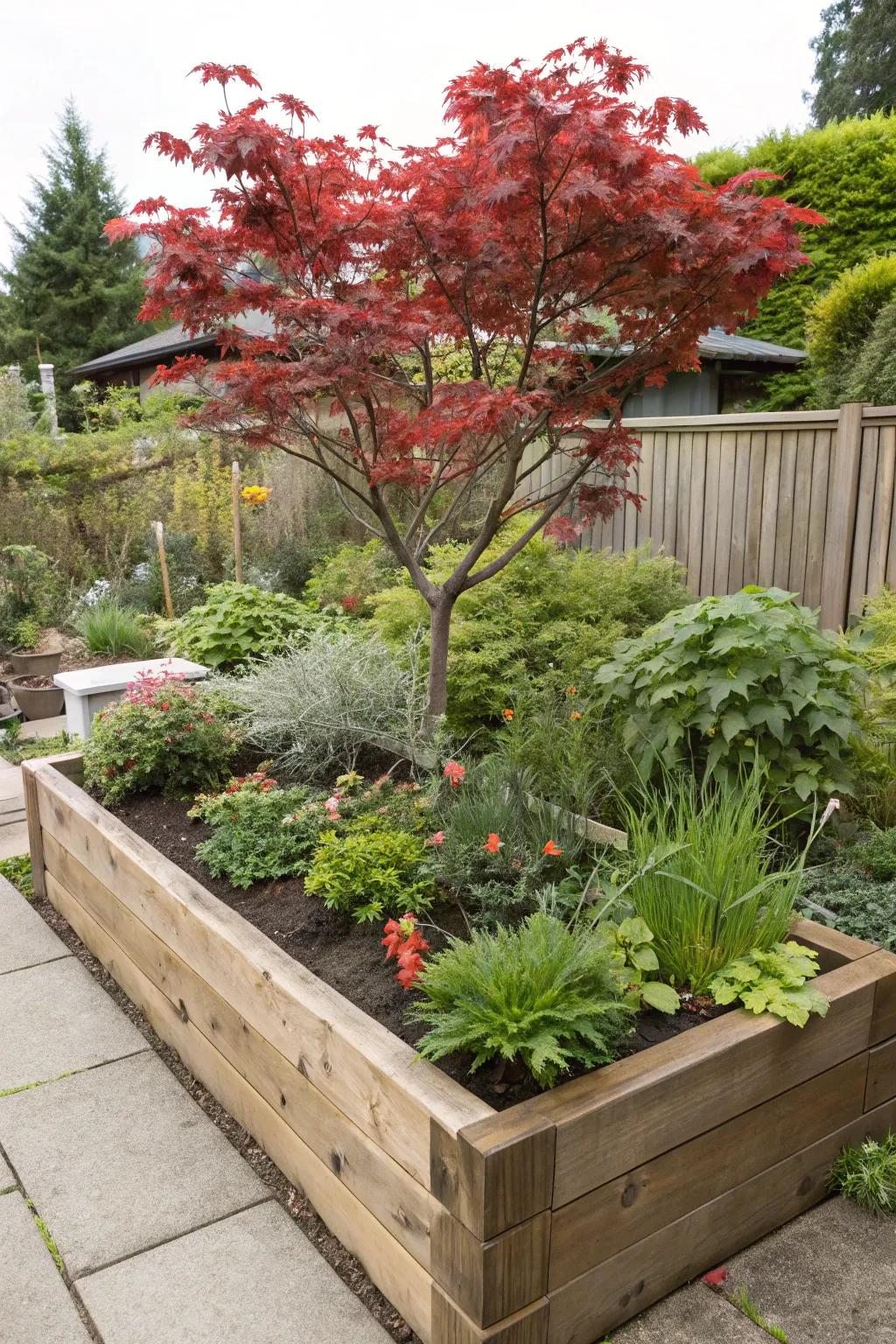 Elevating style with a Japanese maple in an elevated bed.