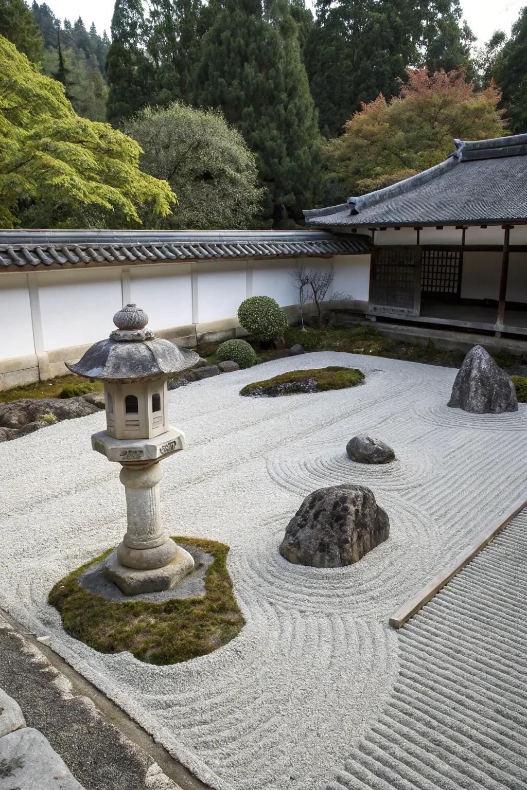 A Zen garden showcasing raked gravel and minimalist features.