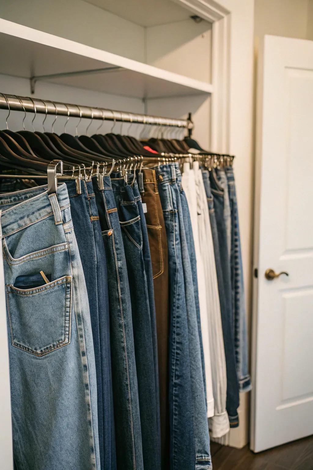 Clip hangers offer a wrinkle-free storage method for jeans.