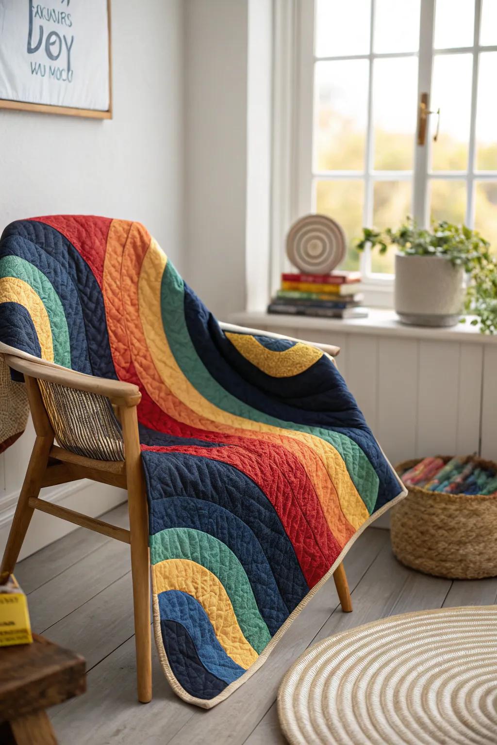 Bring a splash of joy and color into your home with this exquisite spectrum spin quilt, ideal for adding a touch of artistry and warmth to any minimalist space.