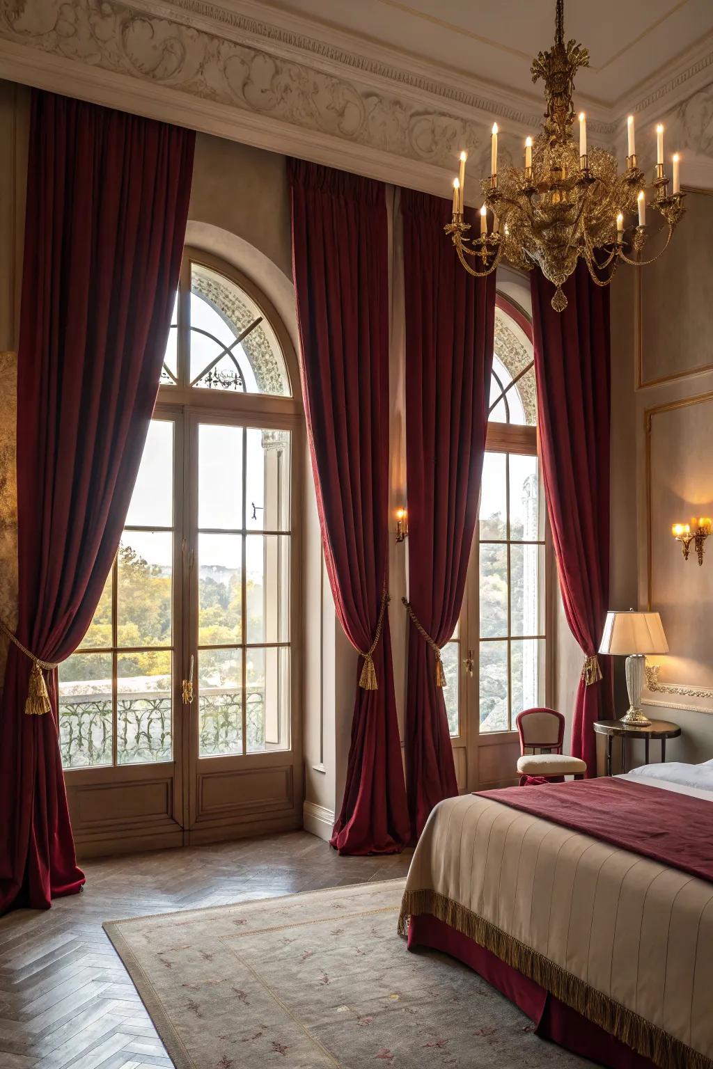 Garnet drapes cultivate an atmosphere of drama and grandeur.