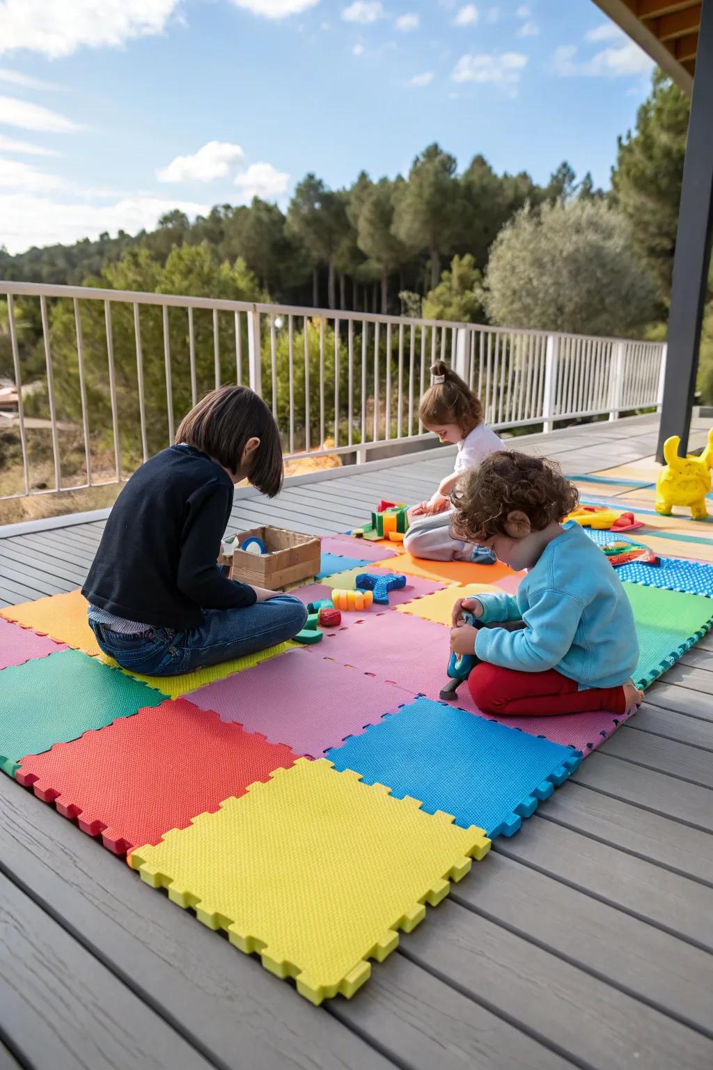 A deck covered with colorful cushioned tiles where children are sitting and playing with toys.