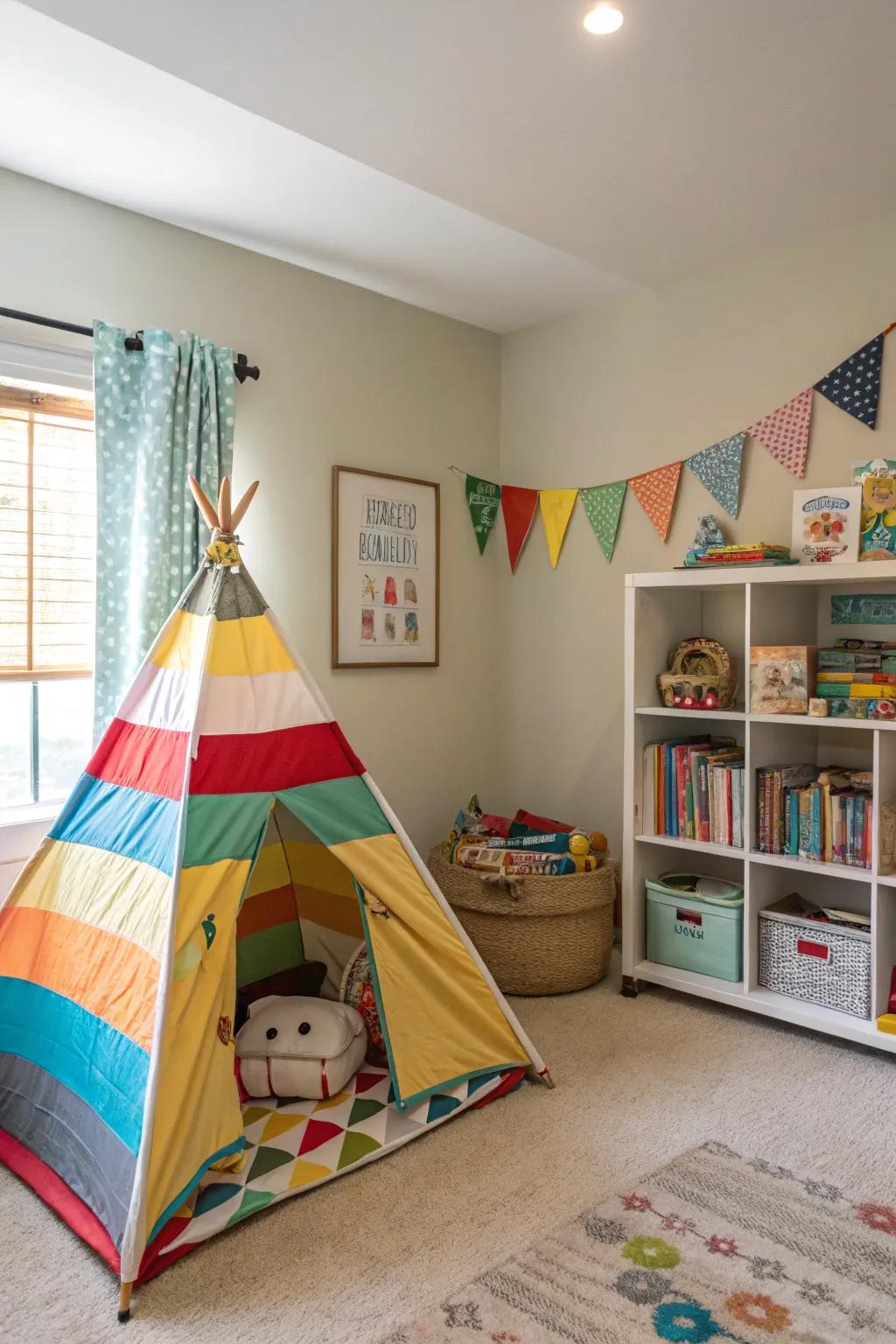 A play tent provides a delightful location for reading and creativity.