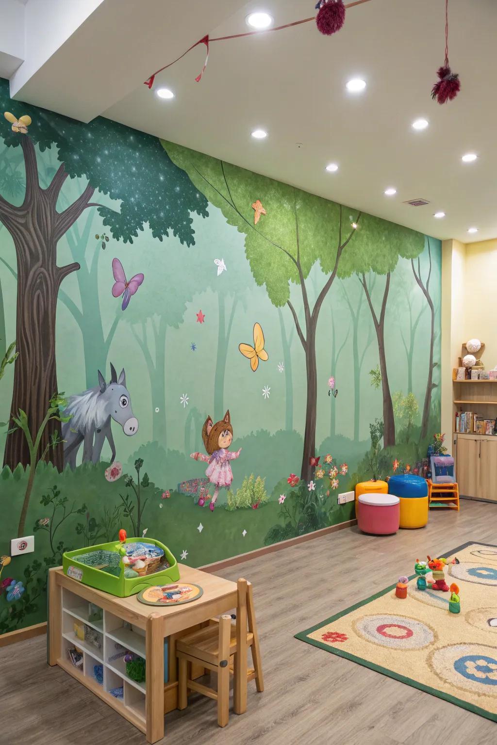 A playroom evolved into a fabled woodland through whimsical wall decor.