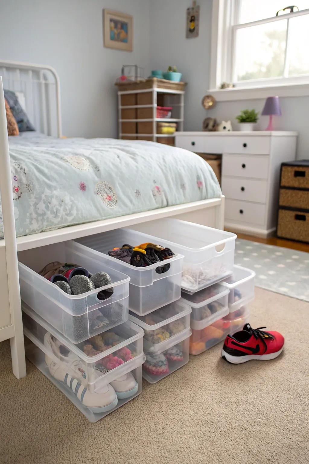 Use under-bed storage to keep shoes tucked away.