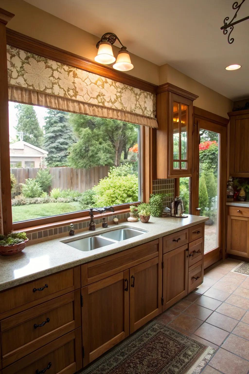 Awning windows over the sink deliver fresh air and pleasant scenery, enriching the kitchen's charm.