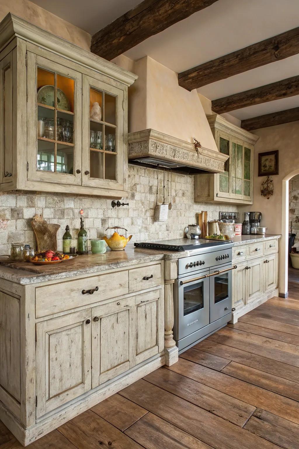 Weathered coats saturate your kitchen with rustic allure and distinctive character.