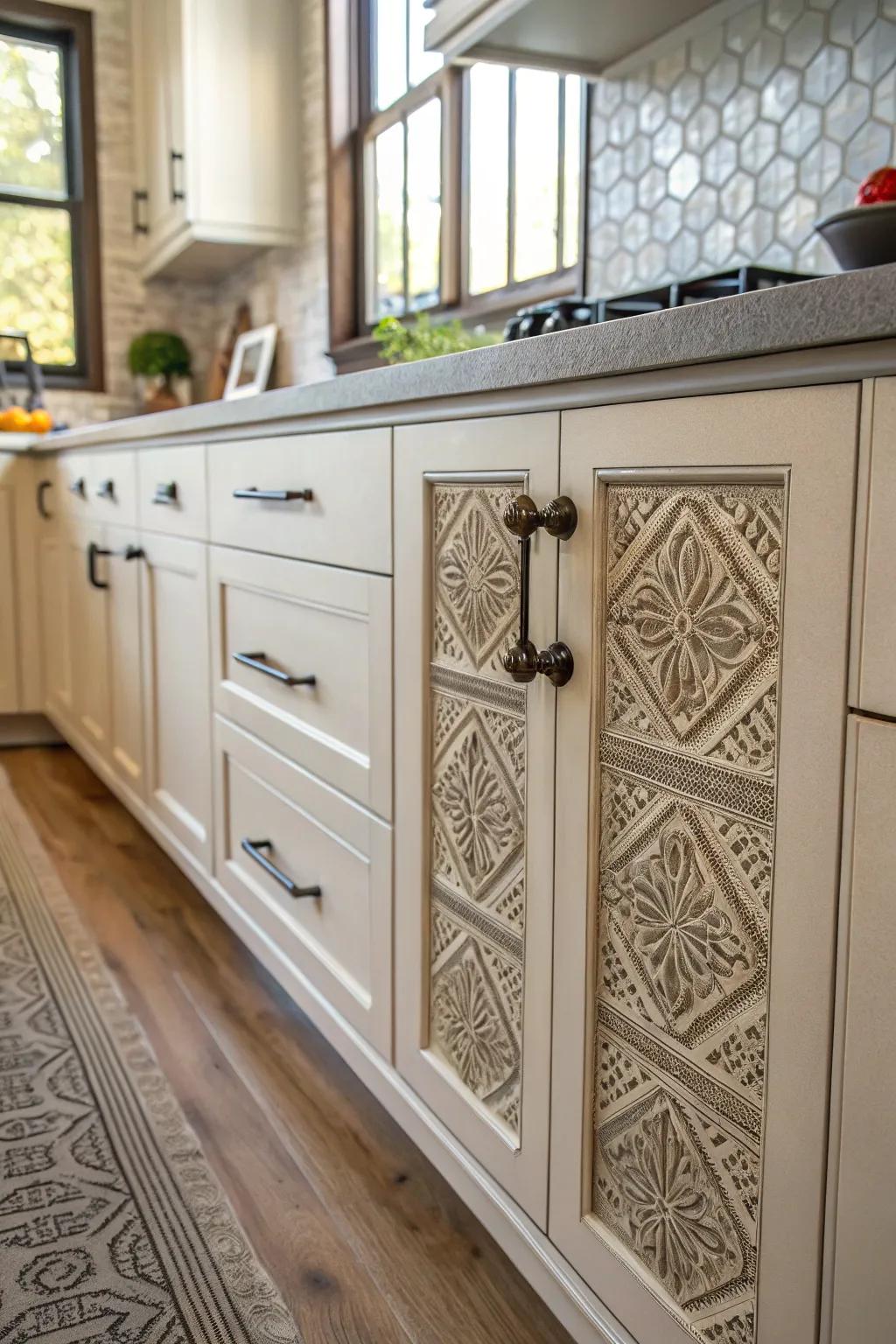 Textured hardware contributes both tactile and visual interest to cabinetry.