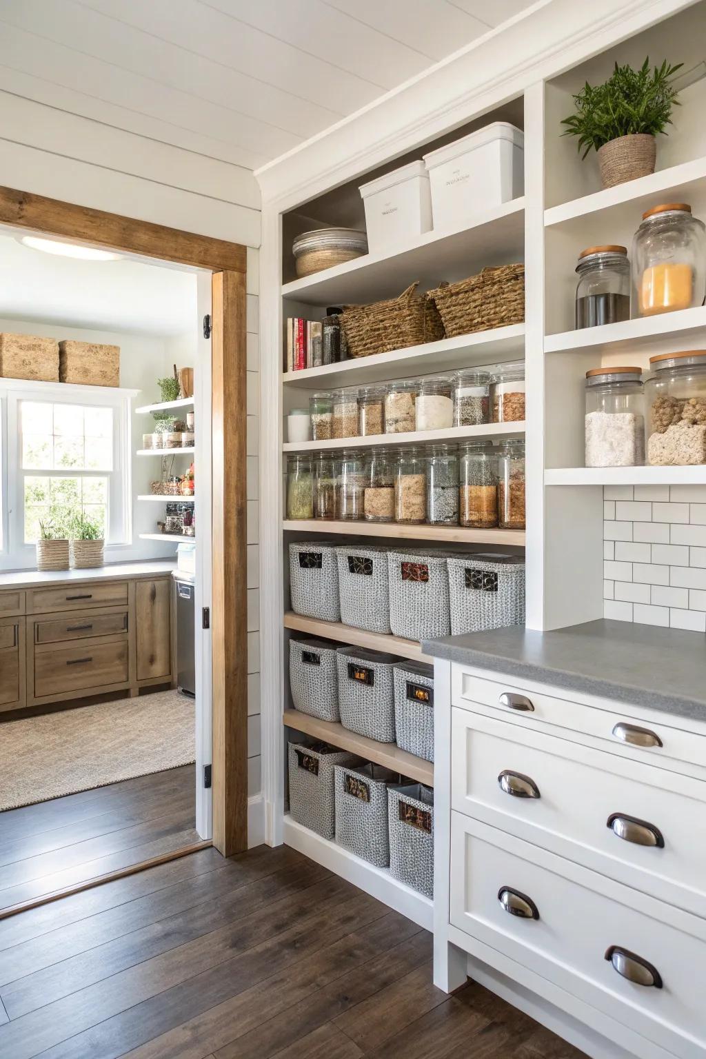 A corner pantry maximizes storage in tight spaces.