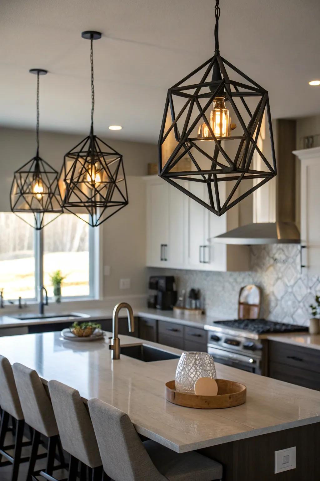 Geometric lights craft an artistic atmosphere above your kitchen island.