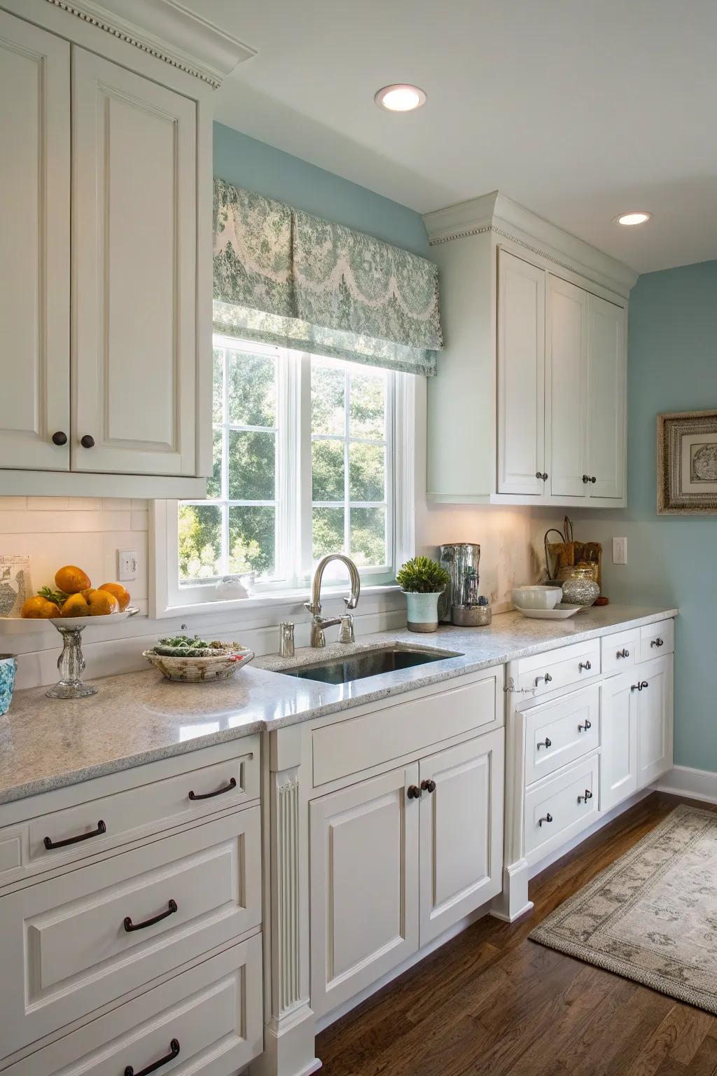 Soft sky walls sustain a refreshing and welcoming cooking atmosphere.