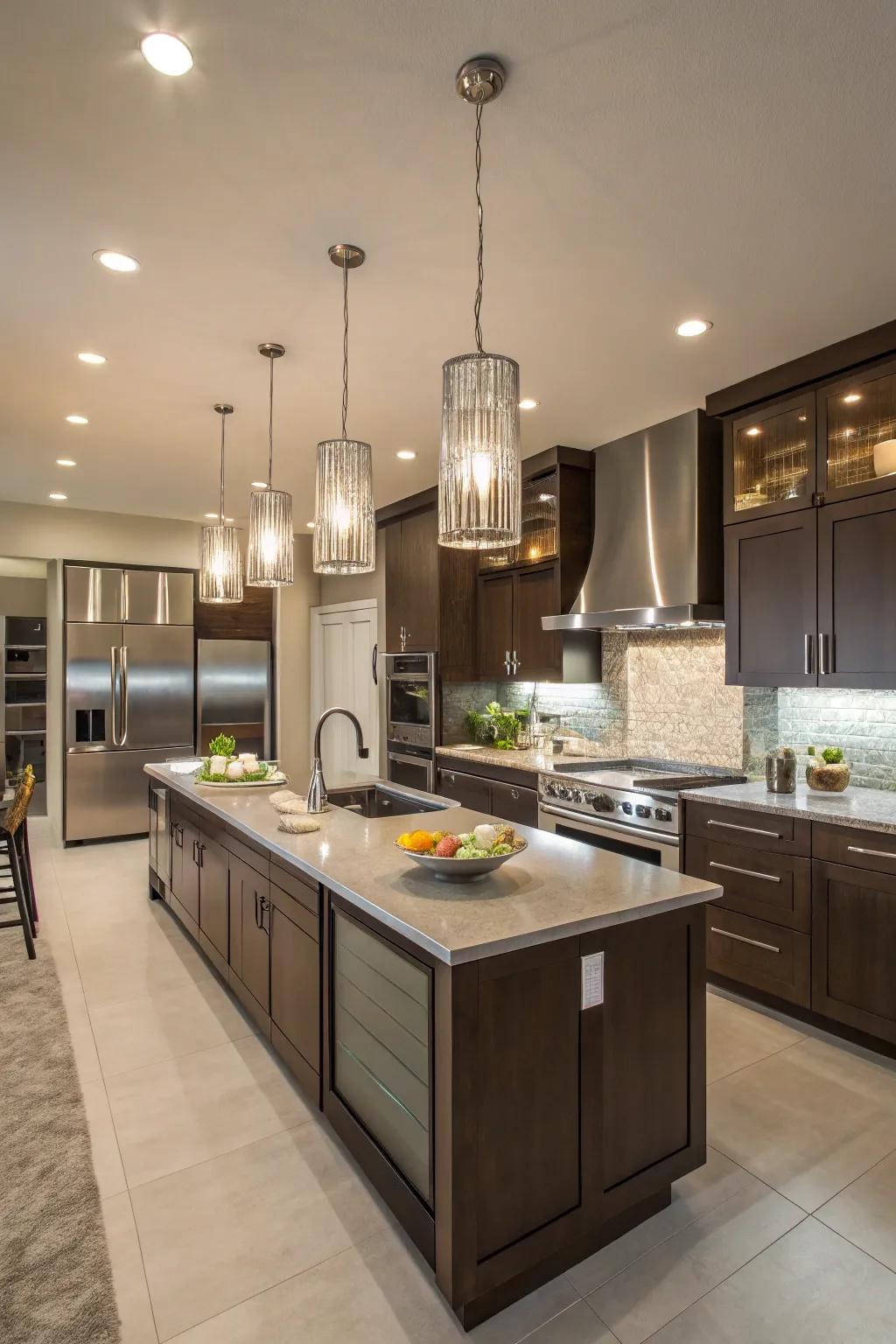 A kitchen illuminated by fashionable droplight and recessed lighting.