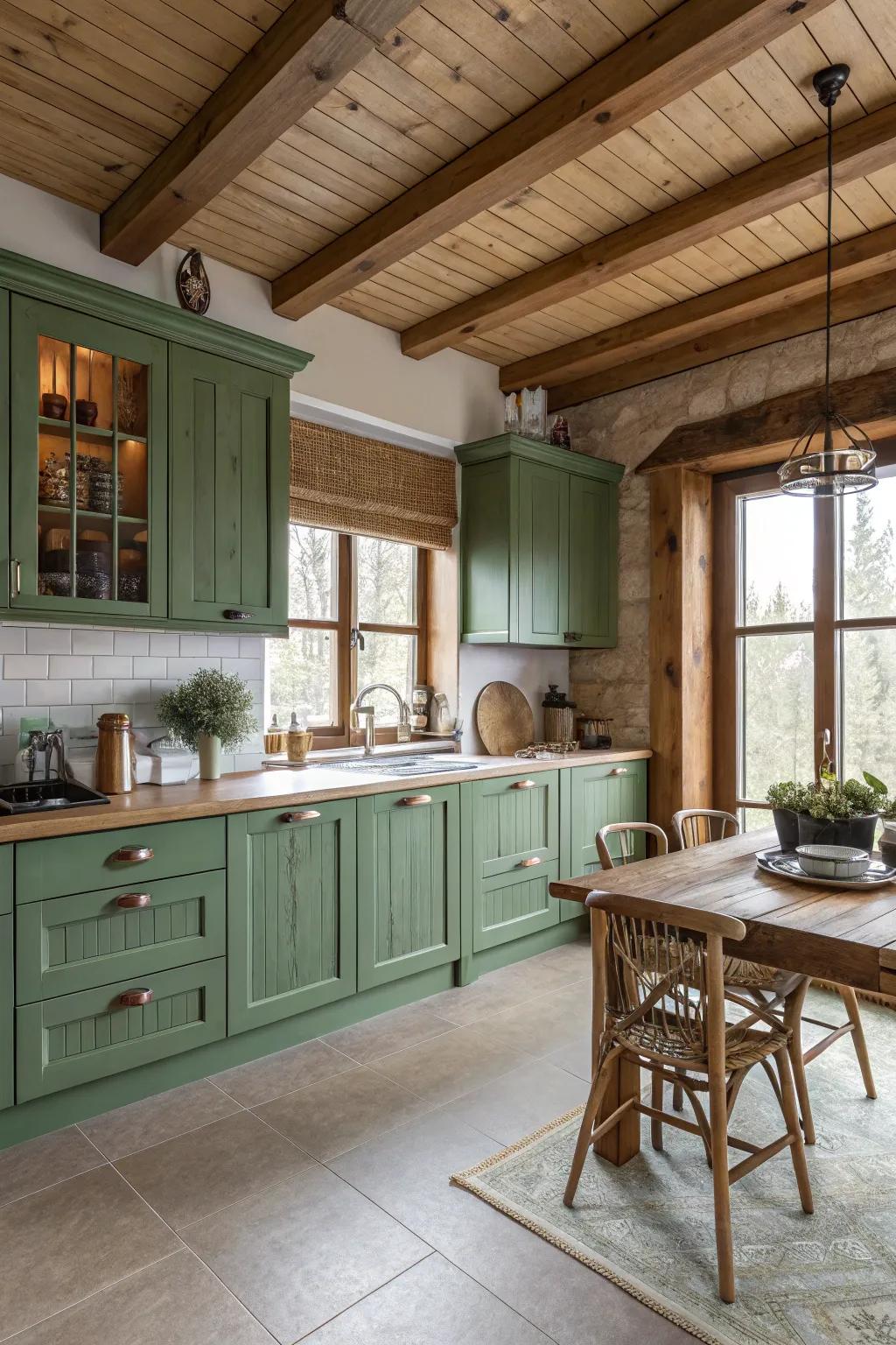 A relaxing cooking area with green and wood features.
