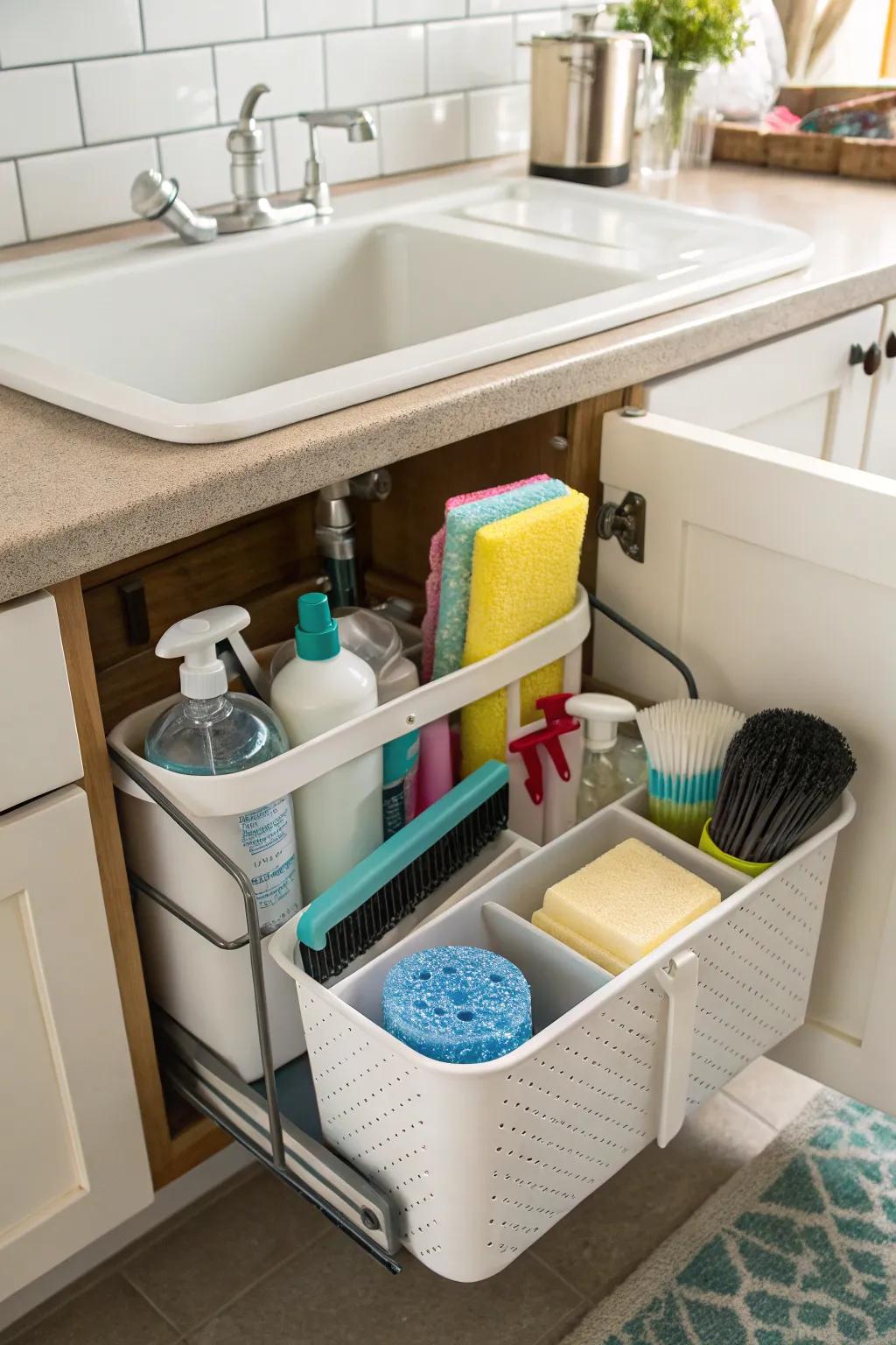 Under-sink racks keep your kitchen looking uncluttered and organized.