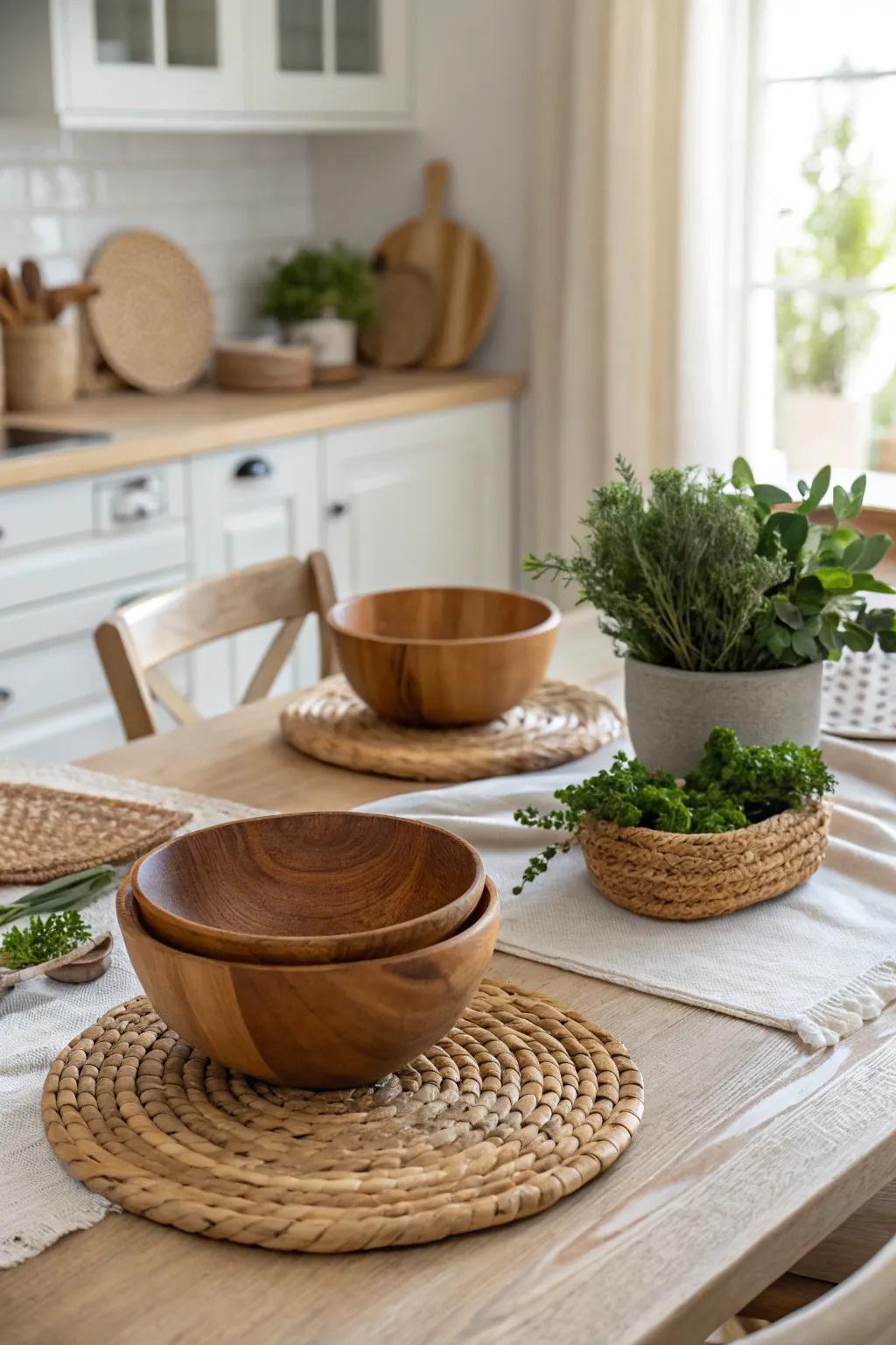 Organic textures create a cozy and inviting table arrangement.