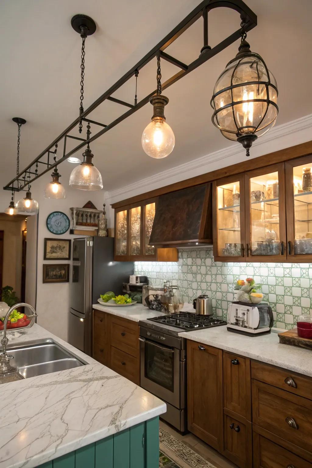 Create visual interest with a mix of materials in track lighting.