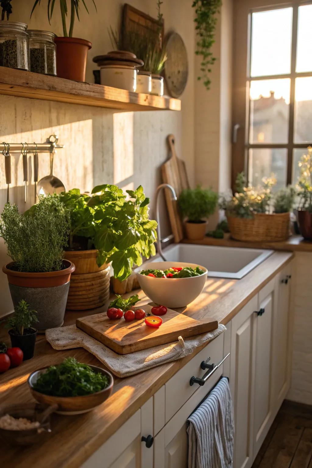 Organic elements such as wood and plants establish a cozy, welcoming kitchen.