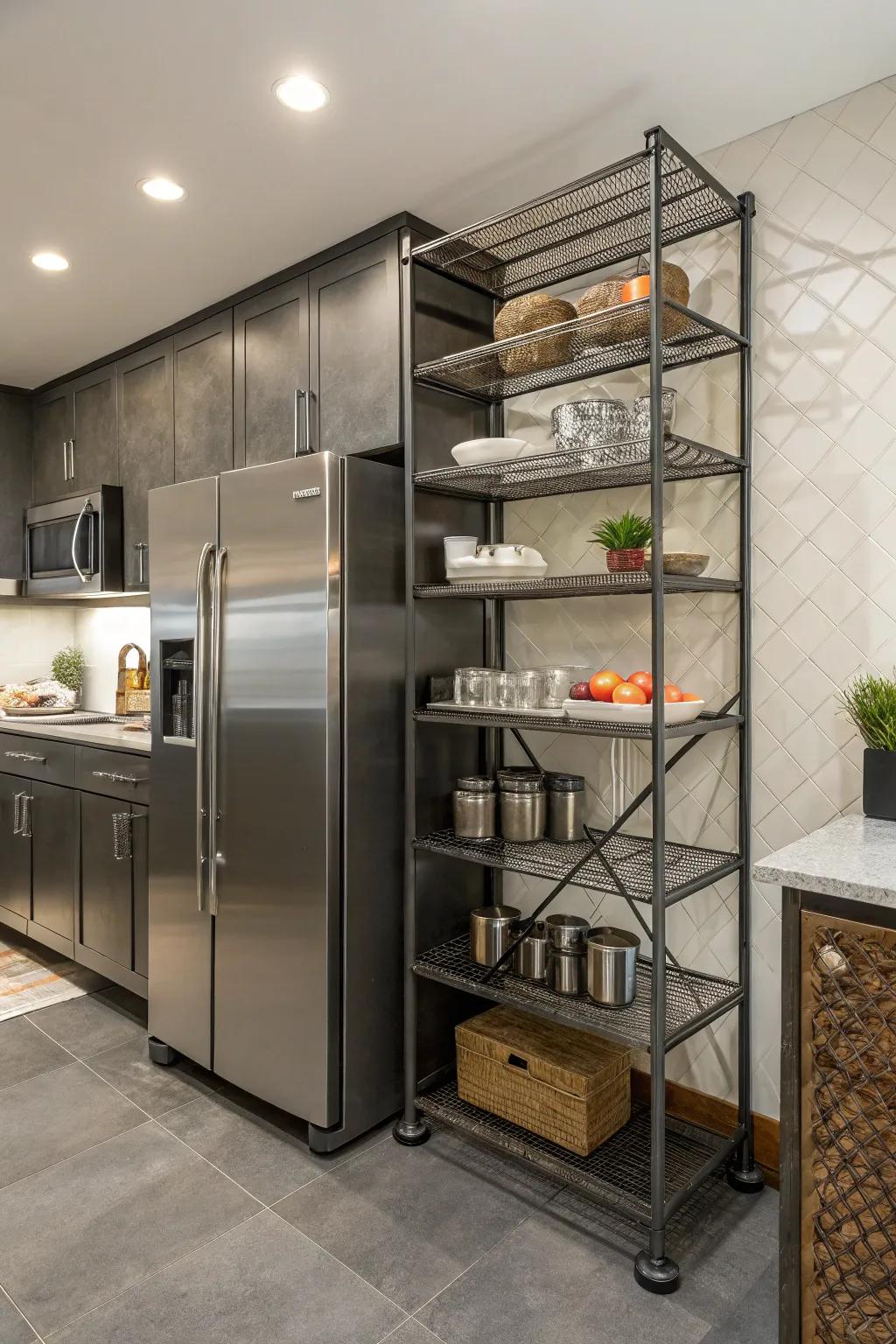 A kitchen showcasing factory metal racking that surrounds the chiller, adding both style and storage.