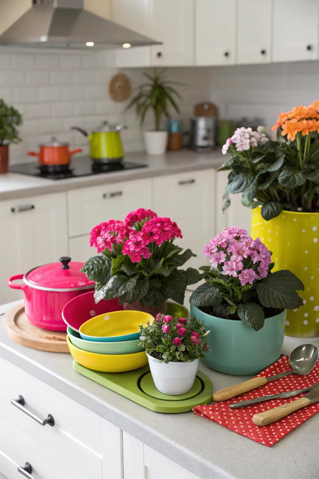 Design a lively countertop display with grouped plants.