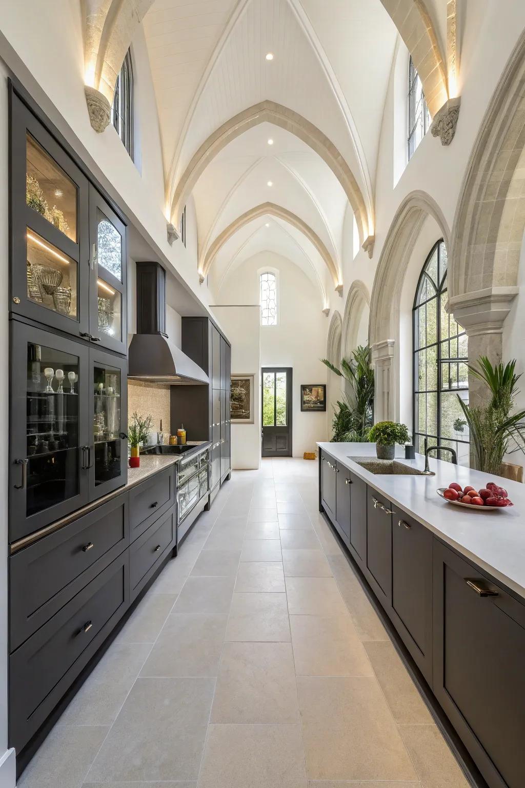 High cabinets enhance storage and refinement in this high-ceilinged kitchen.