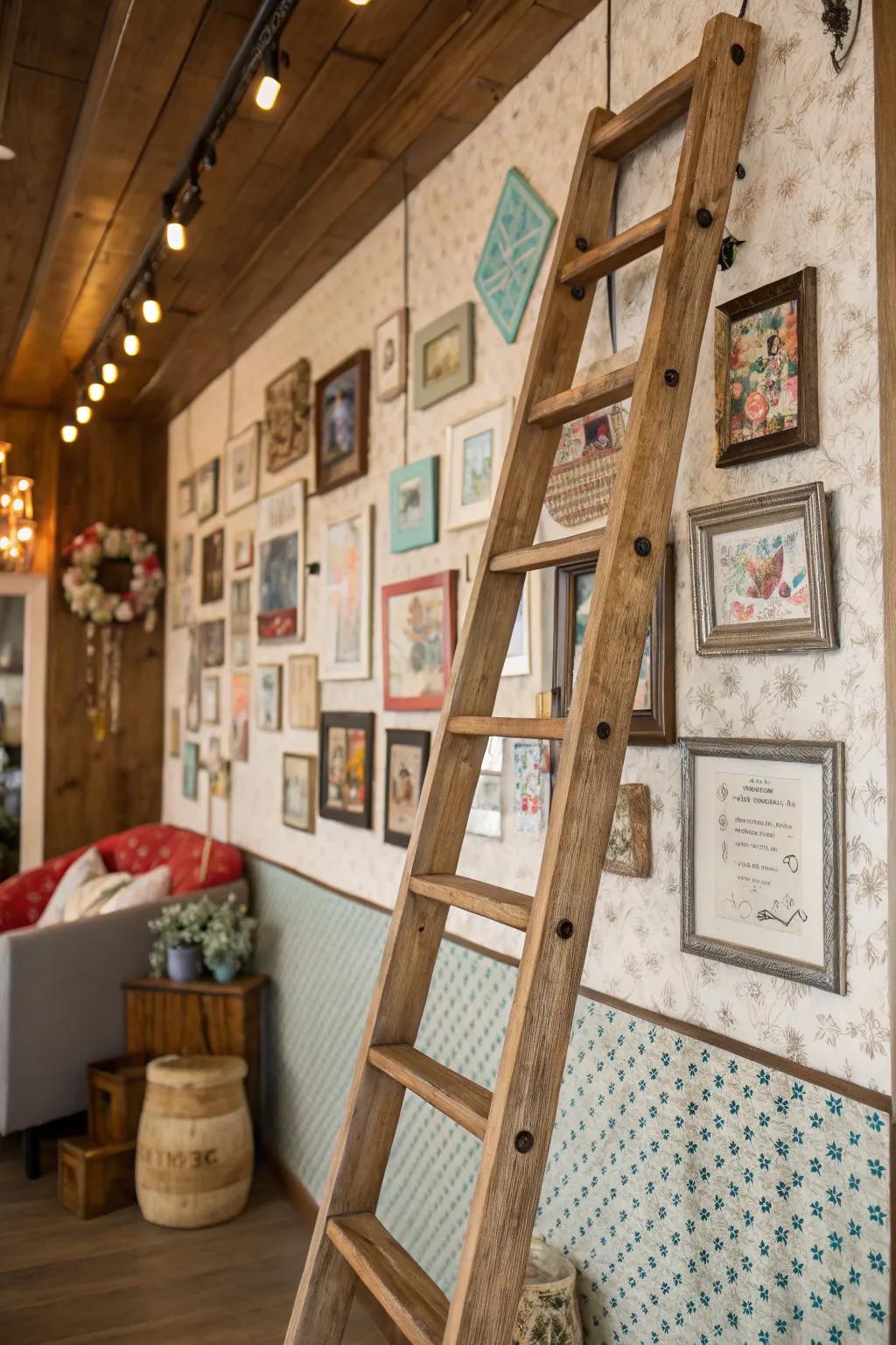 A ladder paired with wall art creates an artistic display.