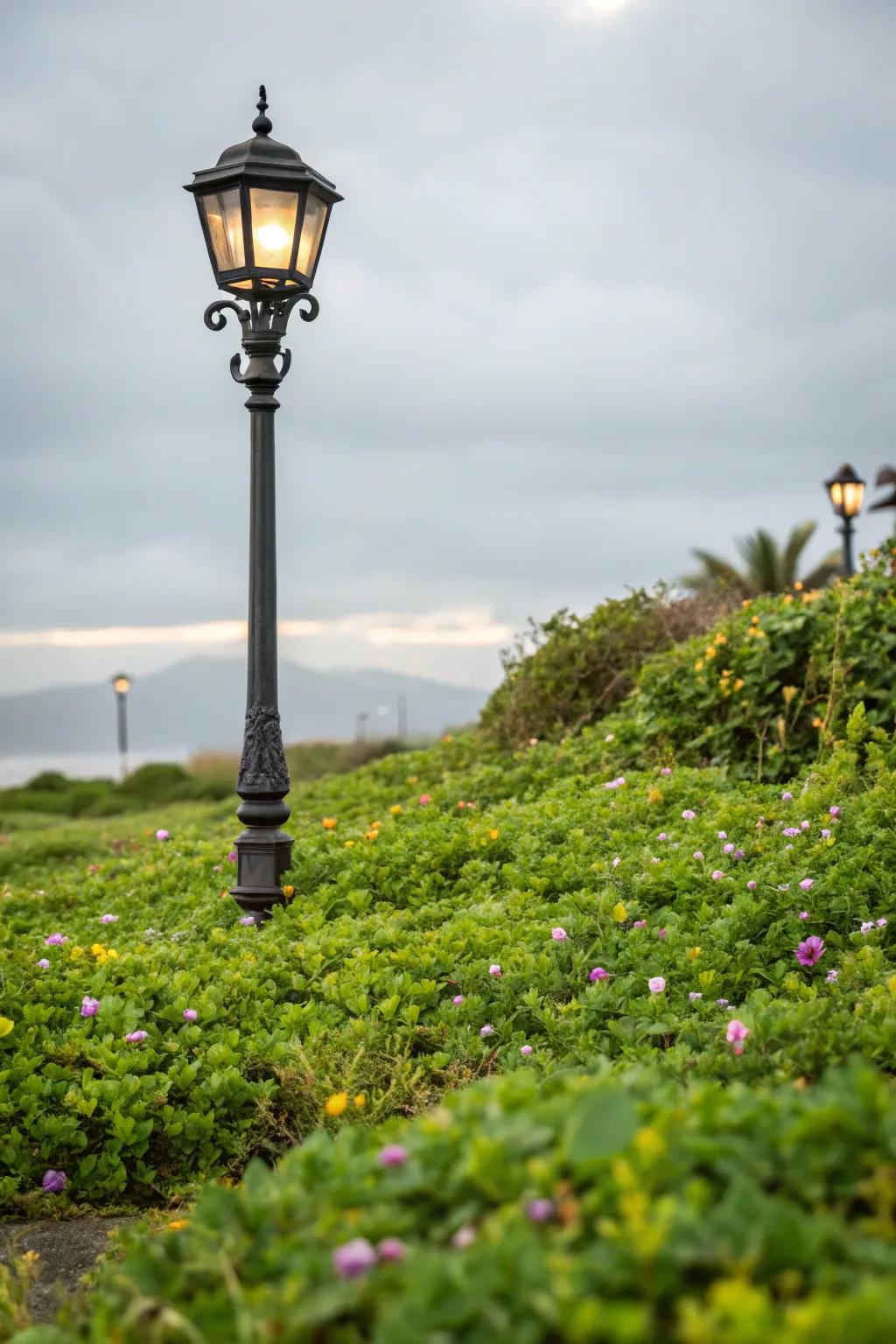 Carpet plants producing a smooth transition around a lamp post.