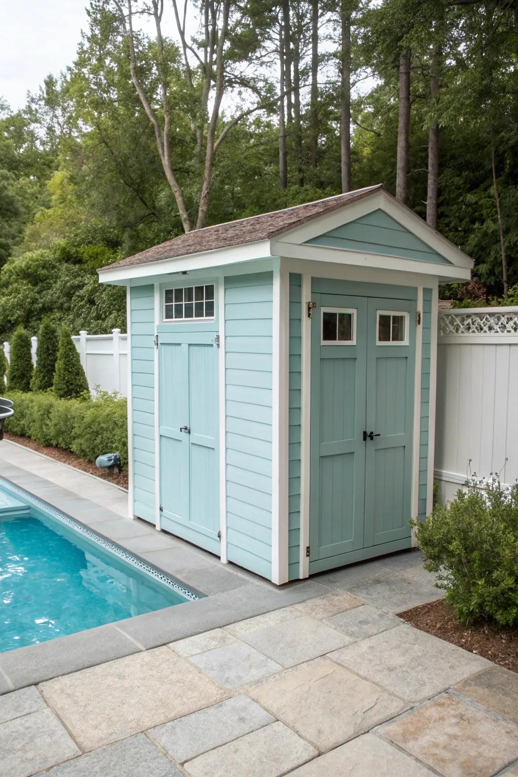 A small cabin or pool kiosk provides both style and practicality for concealing pool equipment.